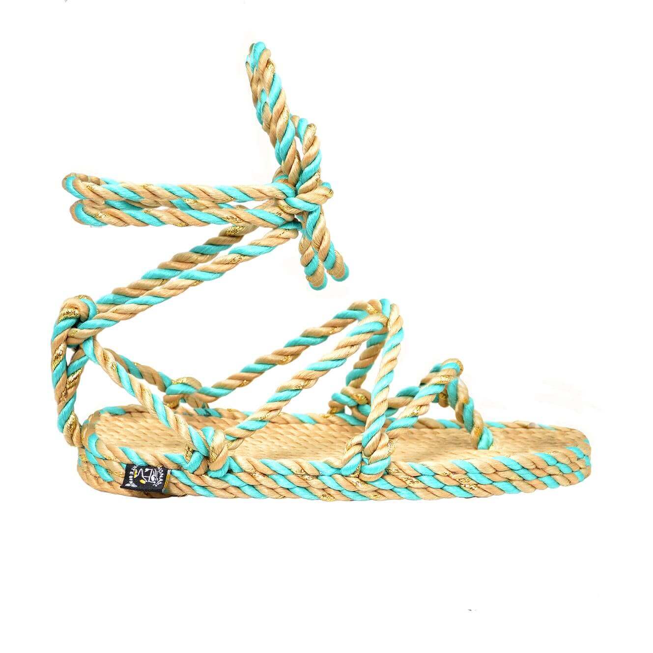 Sandales vegan, sandales en corde femme, nomadic state of mind, modèle Romano - Twisted Beige Turquoise spark | Romano - Twisted Beige Turquoise spark - Nomadic State Of Mind - Disponible sur Nomadic State Of Mind "FRANCE"