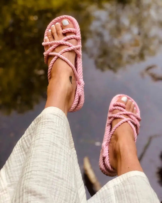 Sandales vegan, sandales en corde, nomadic state of mind, modèle Toe joe Baby pink "FRANCE" - Disponible sur Nomadic State Of Mind