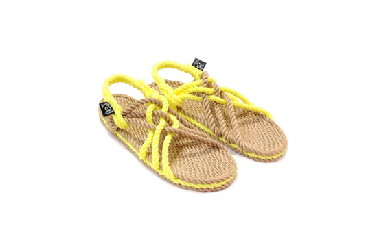 Sandales vegan homme et femme, nomadic state of mind, modèle JC Beige & Neon yellow 3 cordes