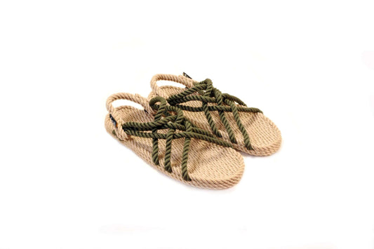 Sandales vegan homme et femme, nomadic state of mind, modèle  JC Beige & Sage green 6 cordes