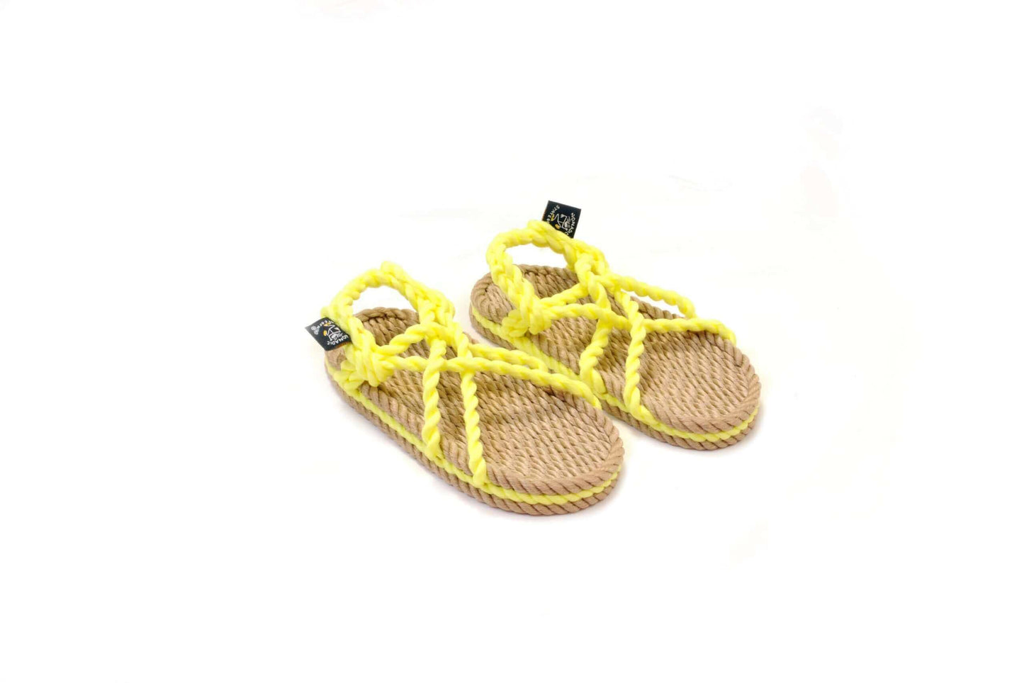 Sandales vegan, sandales en corde, nomadic state of mind, modèle jc kids beige et neon yellow