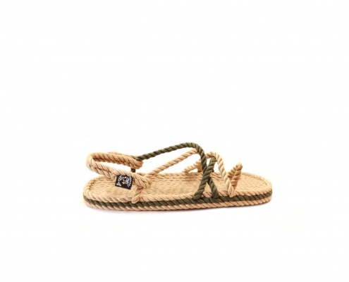 Sandales nomadic, sandale vegan, fait à partir de corde récyclé, modèle toe joe beige kaki et sage green