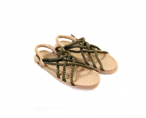 Sandales Boho en plastique recyclé, sandales nomadic, marque vegan, sandales homme, sandales femme, modèle JC Beige & Sage green 6 cordes