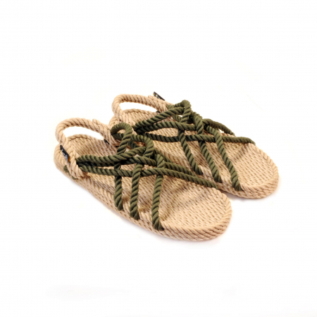 Sandales Boho en plastique recyclé, sandales nomadic, marque vegan, sandales homme, sandales femme, modèle JC Beige & Sage green 6 cordes